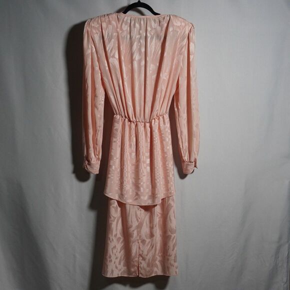 VTG 80s Miss Ashlee CA Pink Satin Faux Wrap Dress Sz 4 STAINS V Neck Long Sleeve - Picture 2 of 10